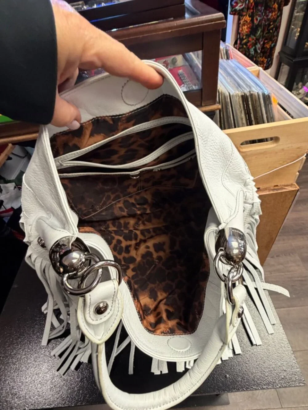 B. Makowsky White Leather Fringe Hobo Shoulder Bag Leopard Lining